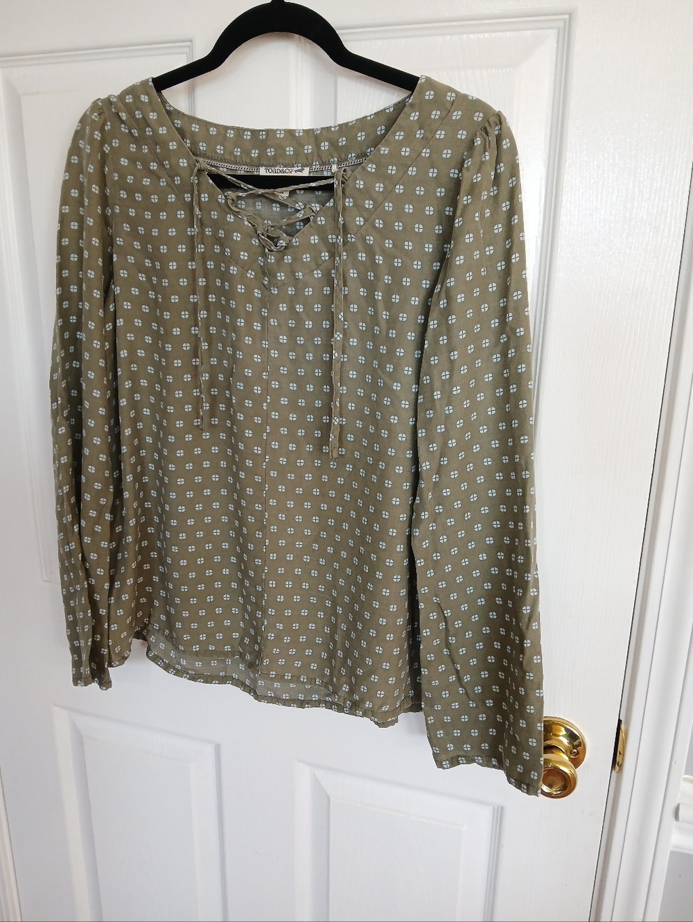 Toad &Ci  Olive Green Lace-Up Ditsy Print Blouse  Gorpcore Boho Casual Boxy